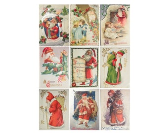May include: Nine vintage Christmas postcards featuring Santa Claus in various poses. The postcards are decorated with holly, pine branches, and other festive elements. Some of the postcards have greetings such as "A Merry Christmas" and "A Joyful Christmas".