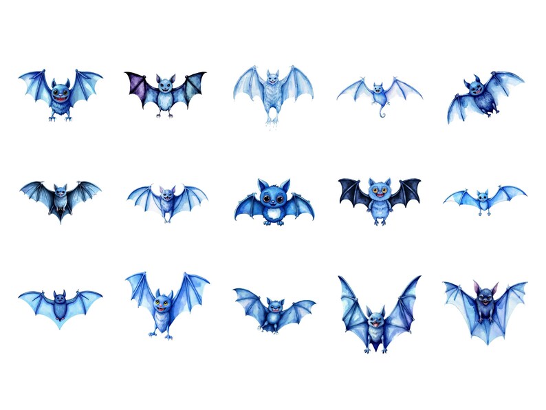 22 Mystical Blue Bats Clipart Bundle – Watercolor PNG Graphics for ...