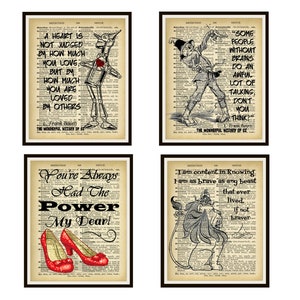 Set of 4 Wizard of Oz Art Sketches on Reproduction Dictionary Pages  Posters, Instant Download Printable 8 x 10&quot; and 5 x 7&quot; JPG and PDF