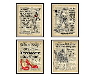 Set of 4 Wizard of Oz Art Sketches on Reproduction Dictionary Pages  Posters, Instant Download Printable 8 x 10&quot; and 5 x 7&quot; JPG and PDF