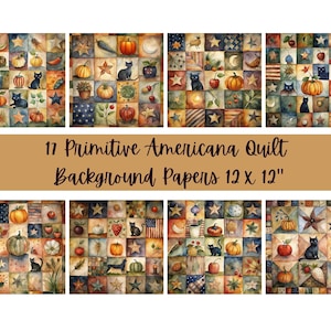 May include: 17 digital papers featuring a patchwork quilt design with a variety of autumnal colors, including red, orange, yellow, green, and brown. The quilt features stars, pumpkins, black cats, and other fall-themed elements. Each paper is 12 inches by 12 inches.