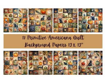 17 Americana Folk Art Quilt Sampler Digital Paper, Watercolor Fall Background in Colonial Colors, 12x12" JPG, Scrapbook Pape, Commercial Use