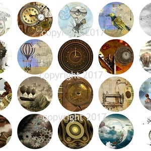 Printable Steampunk Circles  1.5&quot; Labels Collage Sheet  Instant Digital Download, Flowers, Scrapbook Embellishments