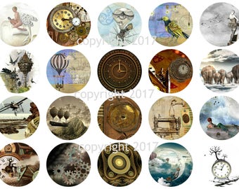 Printable Steampunk Circles  1.5" Labels Collage Sheet  Instant Digital Download, Flowers, Scrapbook Embellishments