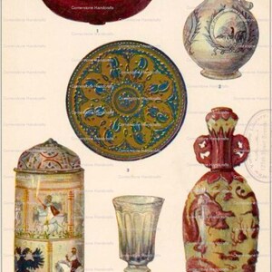 May include: A collection of six antique ceramic and glass vessels. The items include a red bowl with two handles, a white pitcher with a blue and white floral design, a yellow and blue plate with a floral design, a red and white vase with a floral design, a clear glass goblet, and a white ceramic jar with a lid and a painted scene of a knight on horseback.