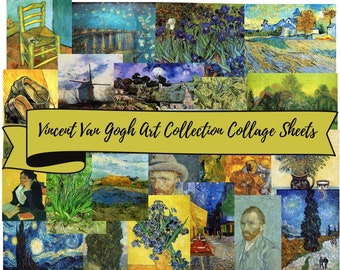 Op de afbeelding: Een collagevel met verschillende schilderijen van Vincent van Gogh. Het vel bevat afbeeldingen van zonnebloemen, irissen, een sterrennacht, een zelfportret en een stoel. Het vel is perfect voor knutselen en scrapbooking.