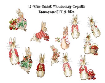 12 Peter Rabbit Strawberry Coquette  Clip Art Transparent PNG Files Instant Download, Beatrix Potter Transparent Art Images