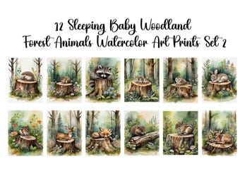 Set of 12 "Woodland Forest Sleeping Baby Animals Set 2"  Printable  Nursery Wall Art Prints, Forest Animal, Instant Download, Commercial Use