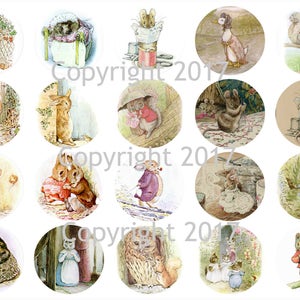 May include: A collection of circular illustrations featuring anthropomorphic animals in vintage style. The images include rabbits, ducks, and squirrels in various scenes, with soft colors and detailed artwork. Copyright 2017 is visible on the images.