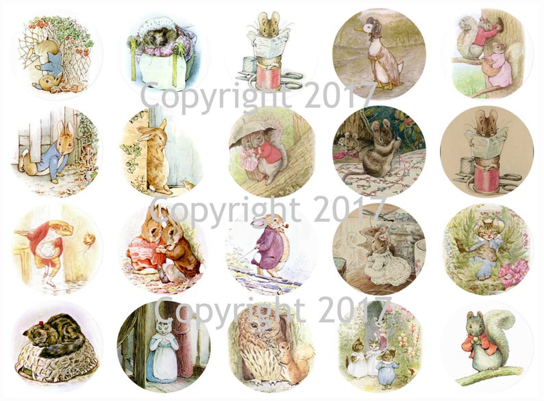 May include: A collection of circular illustrations featuring anthropomorphic animals in vintage style. The images include rabbits, ducks, and squirrels in various scenes, with soft colors and detailed artwork. Copyright 2017 is visible on the images.