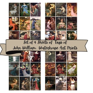 May include: Set of 4 sheets of tags featuring art prints by John William Waterhouse. The tags feature a variety of paintings, including women in flowing gowns, landscapes, and mythological scenes.