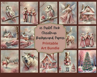 65 Pastel Pink Christmas Backgrounds – Vintage Holiday Papers, Winter Cottagecore Prints Junk Journal & Wall Art Prints | Instant Download