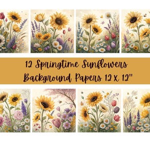 Spring Wildflowers Digital Papers | 12x12" Spring Botanical  Floral Backgrounds |  Scrapbook Papers,    Instant Download, Commercial Use