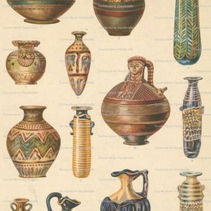May include: A collection of ten antique Greek pottery and glass vases with intricate designs. The vases are in various shapes and sizes, with a variety of colors and patterns. The vases are all in good condition and would make a great addition to any collection.