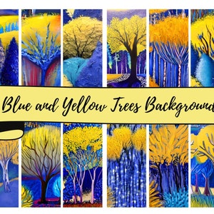 12 Blue and Yellow Tree Background Sheets of 12 x 12&quot; JPG Digital Background Papers , Scrapbooking, Junk Journals, Card Making