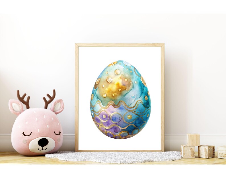May include: A watercolor painting of a blue, purple, and gold Easter egg with a wavy pattern. The egg is on a white background.
