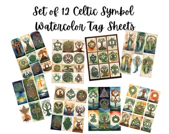 Set of 12 Sheets of Printable Watercolor Celtic Scrapbooking & Journaling Tags  PDF and JPG Digital Download,  Instant Download, Celtic Tags