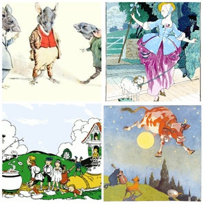 Op de afbeelding: Een collage van vier illustraties met verschillende personages en scènes. De afbeelding linksboven toont twee muizen, waarvan er één een rood vest draagt. De afbeelding rechtsboven toont een vrouw in een blauwe en paarse jurk die een lammetje uitlaat. De afbeelding linksonder toont een groep kinderen die op een veld spelen. De afbeelding rechtsonder toont een koe die door de lucht vliegt met een maan op de achtergrond.