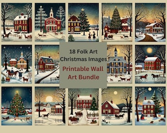 18 Americana Folk Art Christmas Digital Download Bundle – Holiday Prints, Rustic Farmhouse Winter Wall Art, Instant Download Commercial Use