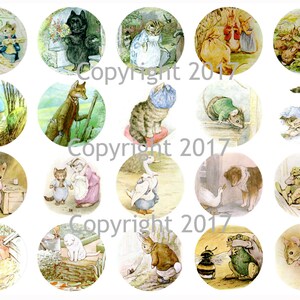 May include: A collection of circular illustrations featuring characters from Beatrix Potter's stories. The images showcase various animals in detailed, colorful scenes, including rabbits, cats, and mice, in a vintage style. Copyright 2017 is printed on the images.