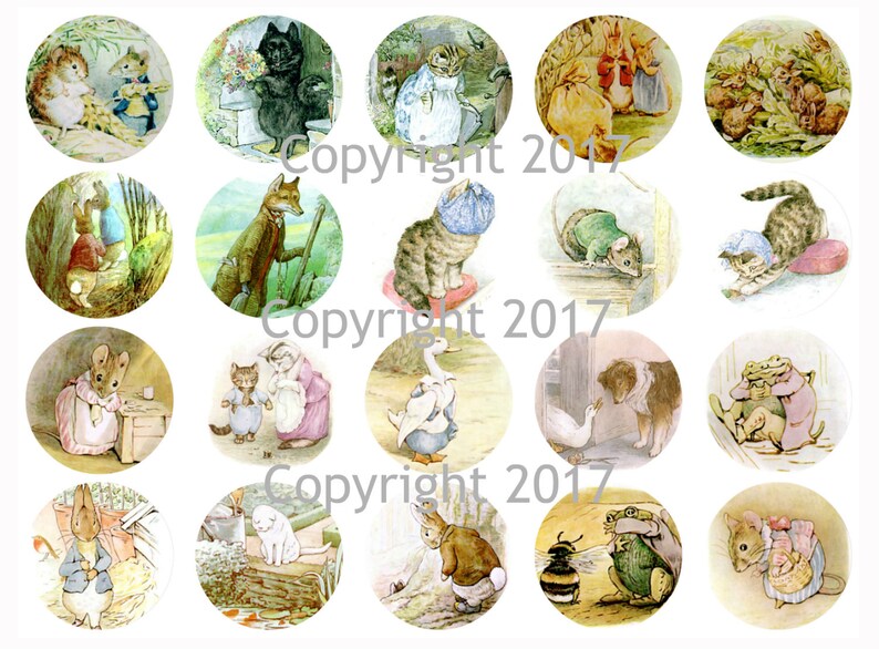 May include: A collection of circular illustrations featuring characters from Beatrix Potter's stories. The images showcase various animals in detailed, colorful scenes, including rabbits, cats, and mice, in a vintage style. Copyright 2017 is printed on the images.