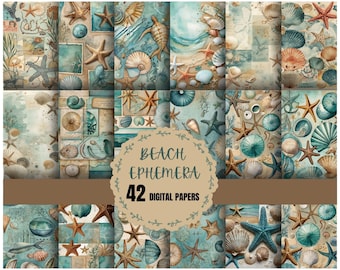 42 Ephemera Strand Küsten Hintergrundpapiere, Seiten, Muschel & Seestern Junk Journal, 8,5 x 11 Digital Download