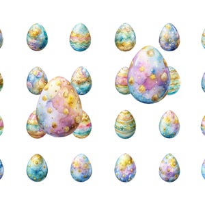 May include: A collection of 18 watercolor Easter eggs in various pastel colors with gold accents. The eggs are painted with abstract patterns and swirls.