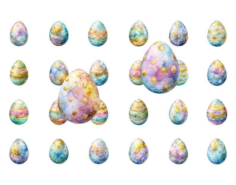 May include: A collection of 18 watercolor Easter eggs in various pastel colors with gold accents. The eggs are painted with abstract patterns and swirls.