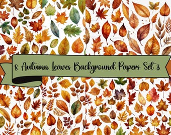 8  Watercolor Autumn Leaves Background Sheets, Set 3, JPG Digital Background Papers , Scrapbooking, Junk Journals, Card Making