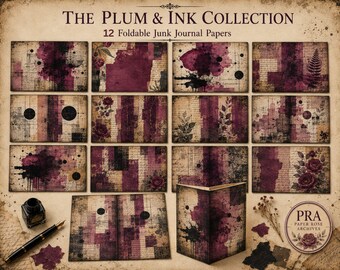 Plum & Ink Junk Journal Papers, 12 pages de journal pliables + 8 papiers bonus, éphémères grunge techniques mixtes | Téléchargement numérique PDF