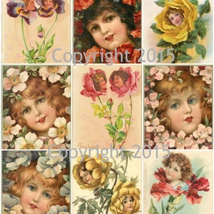 Printable Victorian Flower Faces Collage Sheet.  Instant Digital Download, Flowers, Scrapbook Embellishments