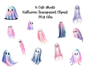 16 Cute Pastel Ghost Clipart Bundle – Halloween Ghosts Kawaii Style, PNG for Stickers, Sublimation, Crafts & Junk Journals | Commercial Use