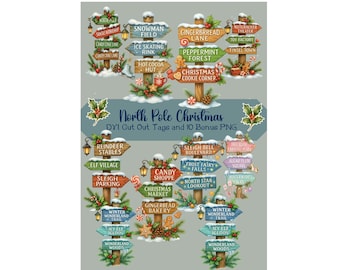 North Pole Christmas Signpost Gift Tags Bundle | DYI Cut Out | Printable Tags, Winter Wonderland Gift Labels, 10 Bonus PNGs Instant Download