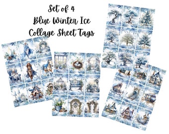 Set von 4 "Blue Winter Ice" Tags, für ATC Karten, Altered Art, Scrapbooking, Kartenherstellung Sofort Download JPG und PDF 8,5 x 11"