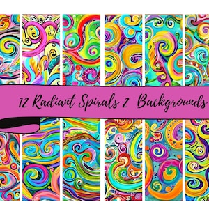 May include: Twelve digital paper backgrounds featuring vibrant, colorful swirls and spirals. The backgrounds are perfect for digital scrapbooking, card making, and other creative projects.