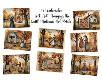 Set of 14 Colonial Americana Folk Art Autumn Prints "Hanging the Quilt"  Harvest Decor – Instant Download, Autumn Wall Decor, Commercial Use
