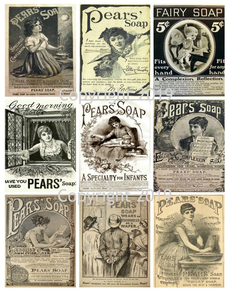 Printable Vintage Ephemera Pear's Soap Ads Collage Sheet Instant Digital Download, Flowers, Scrapbook Embellishments, JPG and PDF Files image 1