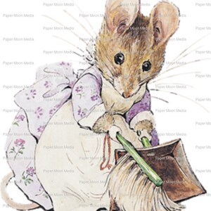 May include: A watercolour illustration of a brown mouse wearing a purple and white floral dress, holding a green broom and a brown dustpan. The mouse is looking directly at the viewer.