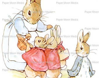Large Nursery Digital Print From Beatrix Potter Mother Rabbit , Peter Rabbit, Flopsy, Mopsy and Cottentail  Instant Download
