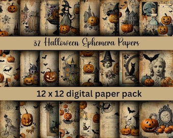 May include: A digital paper pack with 32 Halloween themed designs. The papers feature images of pumpkins, witches, bats, cats, and haunted houses. The papers are 12 inches by 12 inches.