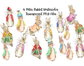 16 Peter Rabbit Spring Watercolor Jacket  Clip Art Transparent PNG Files Instant Download, Beatrix Potter Transparent Art Images