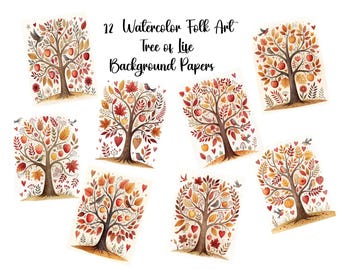 12 Folk Art Tree of Life Background Papers –Printable Sheets, Art Prints, Scrapbook & Junk Journal Pages, Instant Download, Commercial Use