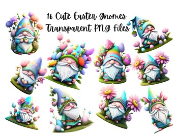 16 Cute Easter Gnomes Transparent PNG File images for POD, Easter Graphics, Spring Clipart Instant Download, Commercial Use