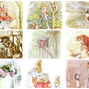 May include: A collection of nine illustrations featuring various animals dressed in clothing. The illustrations include a rabbit wearing a red coat, a squirrel wearing a blue jacket, a frog wearing a red jacket, a hedgehog wearing a pink dress, a duck wearing a blue dress, and a fox wearing a gray jacket.