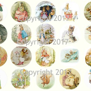 May include: A collection of twenty circular illustrations featuring characters from Beatrix Potter's stories. The images depict various animals, including rabbits, squirrels, and a duck, in detailed watercolor scenes. The illustrations are set against a cream-colored background.