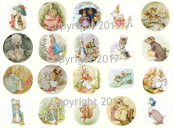Set of 3 Sheets Printable Beatrix Potter Peter Rabbit and Friends Circles  1.5" Labels Collage Sheet  Instant Digital Download, Scrapbook