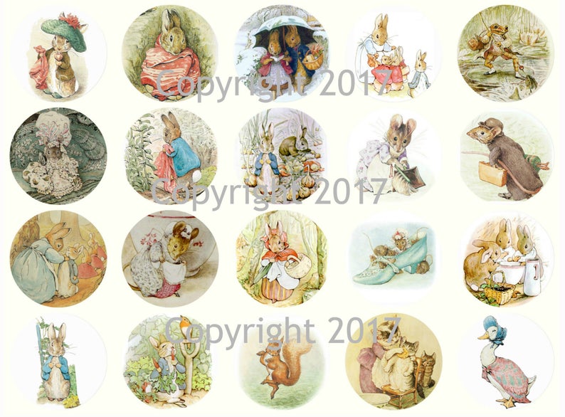 May include: A collection of twenty circular illustrations featuring characters from Beatrix Potter's stories. The images depict various animals, including rabbits, squirrels, and a duck, in detailed watercolor scenes. The illustrations are set against a cream-colored background.