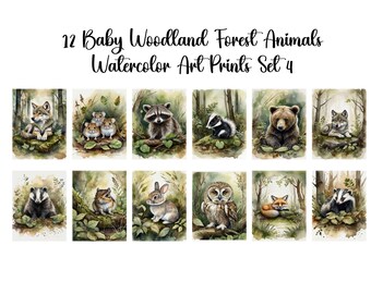 Set of 12 "Woodland Forest Sleeping Baby Animals Set 4"  Printable  Nursery Wall Art Prints, Forest Animal, Instant Download, Commercial Use
