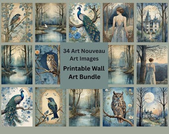 34 Art Nouveau Digital Art Prints / Backgrounds Bundle – Vintage Watercolor Illustrations for POD, Commercial Use – Instant Digital Download