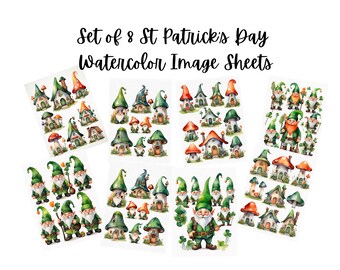 Set of 8 Printable Patrick's Day Gnomes and Homes, Design Image Sheets For Decoupage, Arts and Crafts,   Instant Digital Download